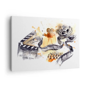 Obraz na płótnie - Symbolika kina z filmową taśmą w artystycznej akwareli - 70x50cm - W krainie snów - Nowoczesna dekoracja ścienna do salonu i sypialni ARTTOR