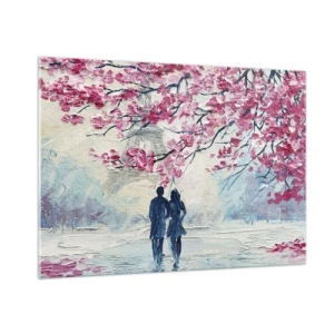 Obraz na szkle - Para spacerująca pod kwitnącymi drzewami - 100x70cm - Romantyczny spacer - Nowoczesna dekoracja ścienna do salonu, kuchni i sypialni ARTTOR