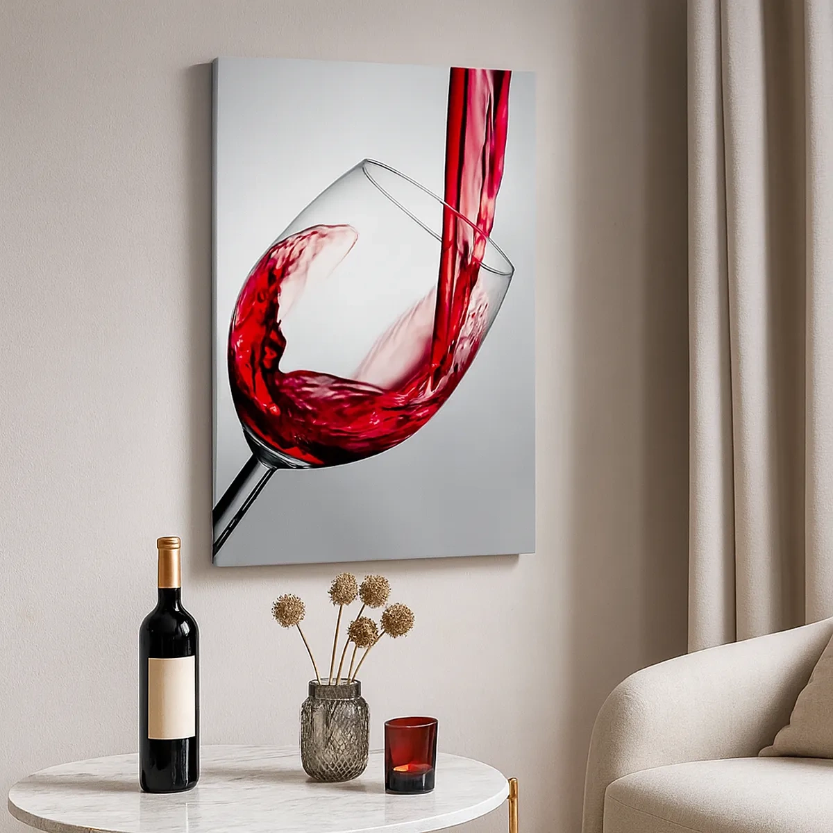 Obraz na płótnie - Czerwone wino nalewane do kieliszka, rozlewające się w szklance - 50x70cm - Barwa - ruch - dźwięk - Nowoczesna dekoracja ścienna do salonu, kuchni i sypialni ARTTOR