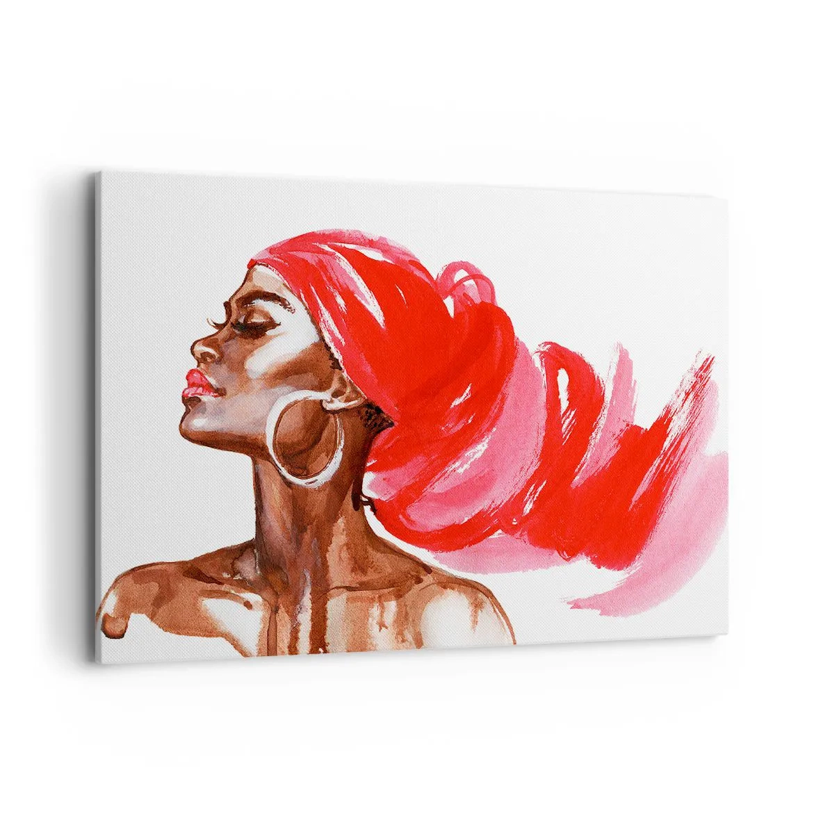 Obraz na płótnie - Profil kobiety z czerwonym turbanem i kolczykami - 100x70cm - "Jest wiatr, co nozdrza mężczyzny rozchyla" - Nowoczesna dekoracja ścienna do salonu, kuchni i sypialni ARTTOR