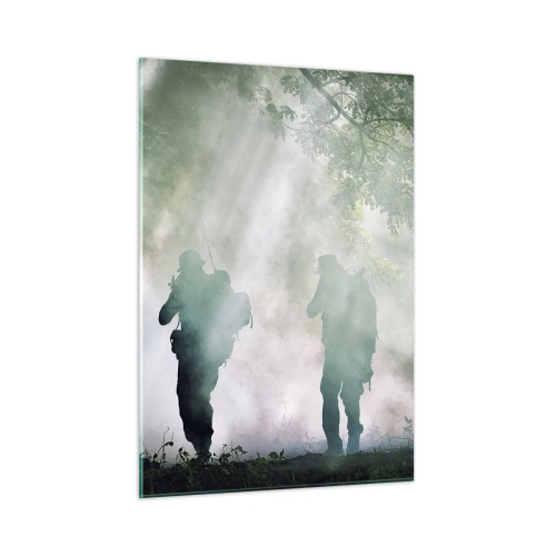 Obraz na szkle - Grupa żołnierzy w dymie, idąca przez las, w pełnej gotowości - 50x70cm - Jeden za wszystkich… - Nowoczesna dekoracja ścienna do salonu, kuchni i sypialni ARTTOR