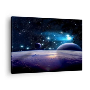 Obraz na płótnie - Widok na przestrzeń kosmiczną z planetami i gwiazdami - 70x50cm - Wciąż sami? - Nowoczesna dekoracja ścienna do salonu i sypialni ARTTOR