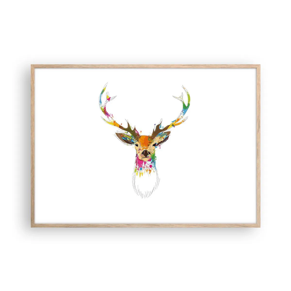 Plakat w ramie jasny dąb - Łagodny jelonek skąpany w kolorze - 100x70 cm
