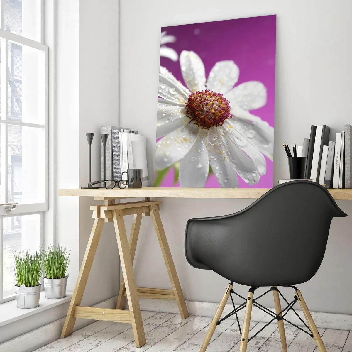 Obraz na szkle - Makrofotografia białego kwiatu z kroplami rosy na tle różu - 50x70cm - Skromny w swojej urodzie - Nowoczesna dekoracja ścienna do salonu, kuchni i sypialni ARTTOR