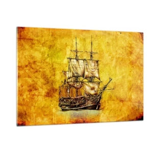 Obraz na szkle - Zabytkowy żaglowiec na tle stylizowanego pergaminu - 120x80cm - Kierunek Tortuga! - Nowoczesna dekoracja ścienna do salonu, kuchni i sypialni ARTTOR
