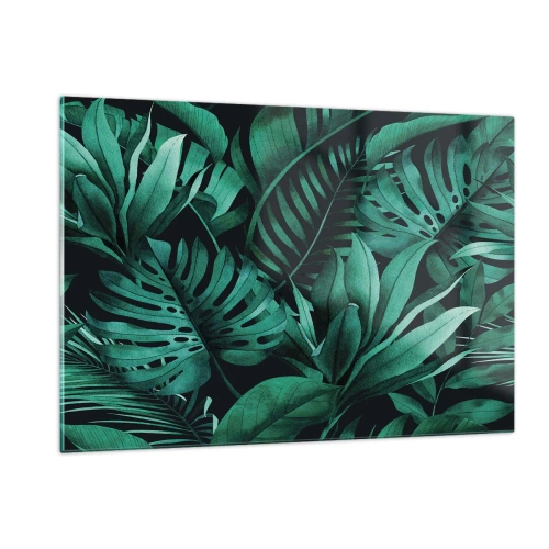 Obraz na szkle - Soczyste zielone liście w tropikalnej kompozycji - 120x80cm - Głębia tropikalnej zieleni - Nowoczesna dekoracja ścienna do salonu, kuchni i sypialni ARTTOR