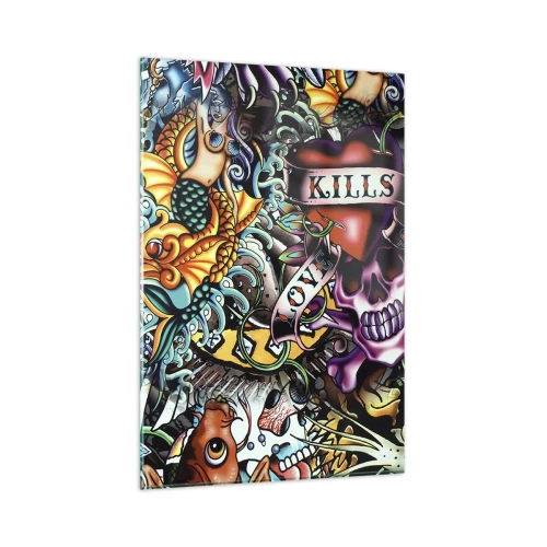 Obraz na szkle - Kolorowa grafika w stylu tatuażowym z czaszkami i motywami morskimi - 80x120cm - Sen tatuażysty - Nowoczesna dekoracja ścienna do salonu i sypialni ARTTOR