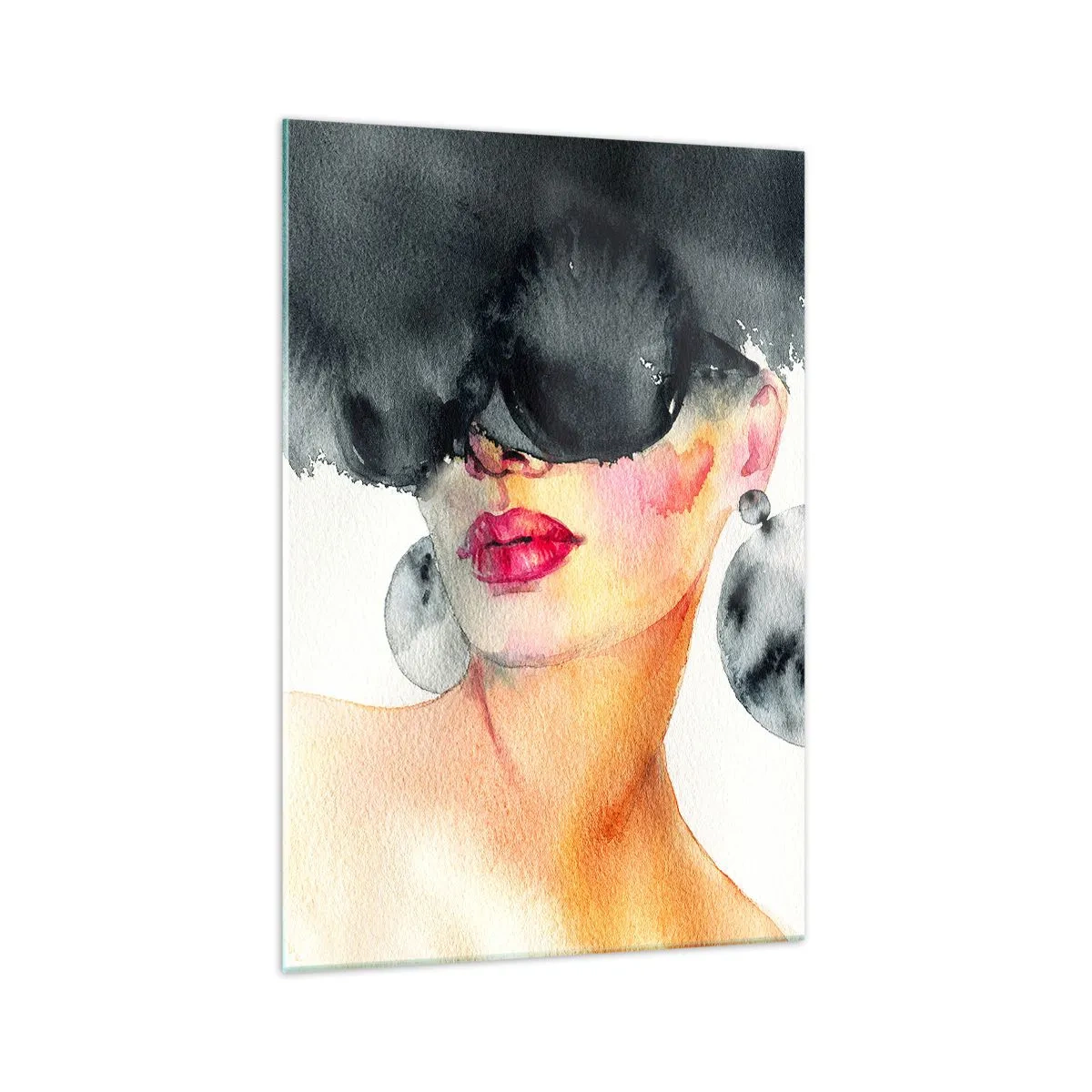 Obraz na szkle - Kobieta w stylowych okularach i dużych kolczykach - 70x100cm - Tajemnica elegancji - Nowoczesna dekoracja ścienna do salonu i sypialni ARTTOR