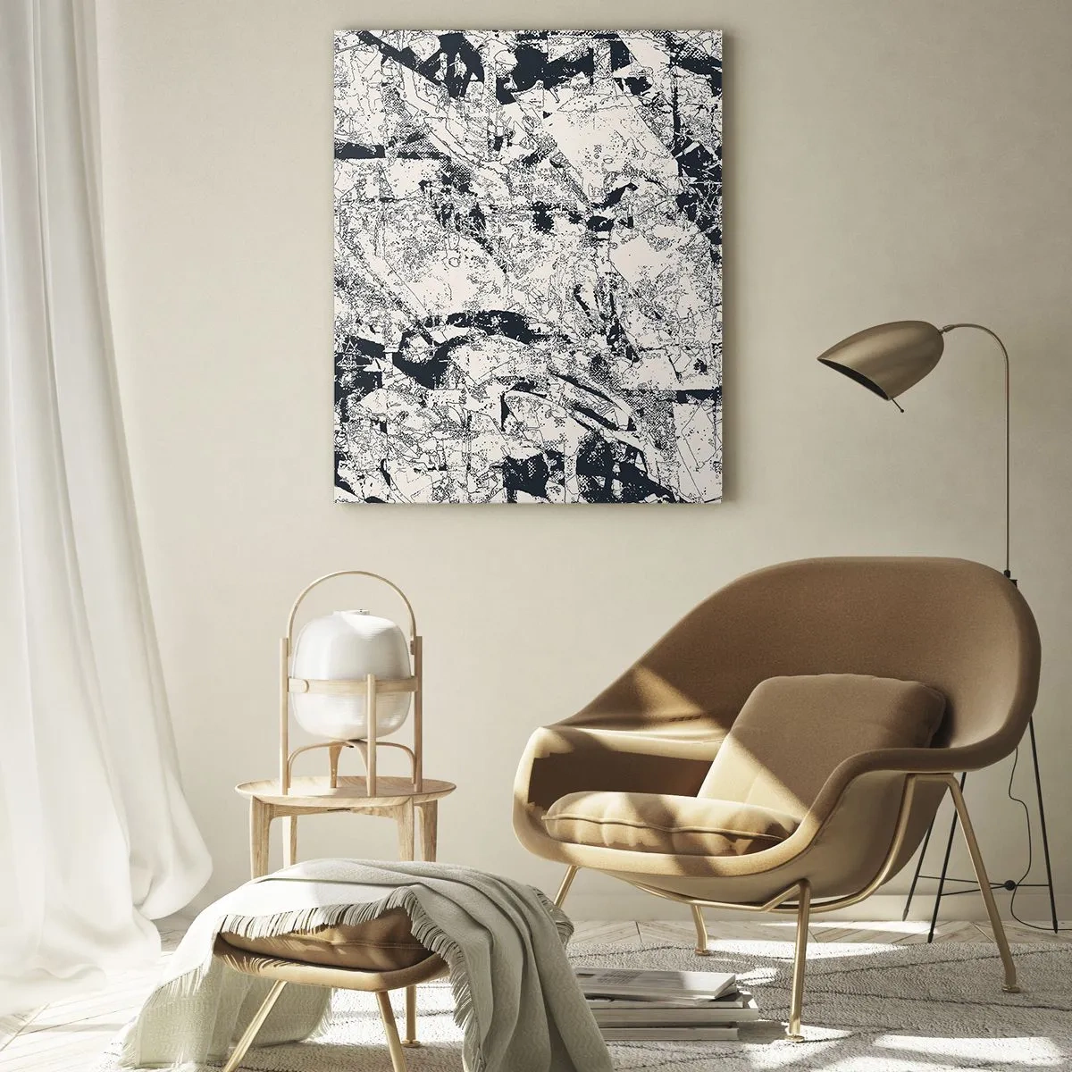 Obraz na szkle - Abstrakcyjna kompozycja w czerni i bieli z dynamicznym układem - 70x100cm - Przenikanie przeciwieństw - Nowoczesna dekoracja ścienna do salonu i sypialni ARTTOR