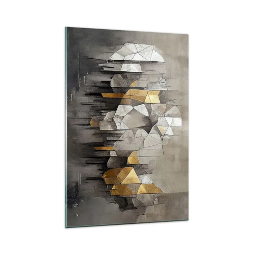 Obraz na szkle - Geometryczna abstrakcja w odcieniach złota i szarości - 80x120cm - Kompozycja z lodu i światła - Nowoczesna dekoracja ścienna do salonu i sypialni ARTTOR