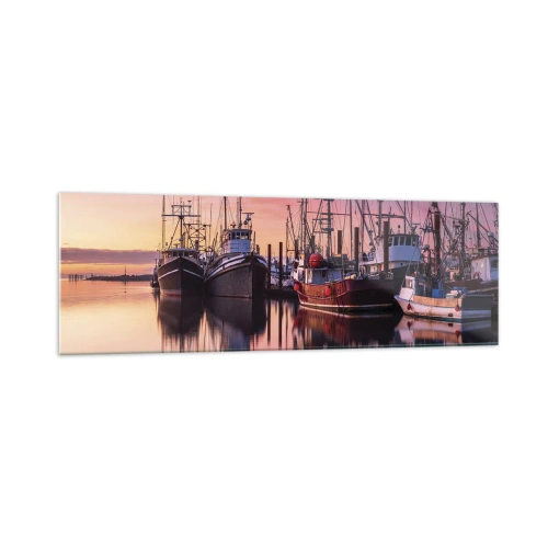 Obraz na szkle - Łodzie rybackie w porcie o zachodzie słońca - 160x50cm - Przed kolejnym dniem - Nowoczesna dekoracja ścienna do salonu i sypialni ARTTOR