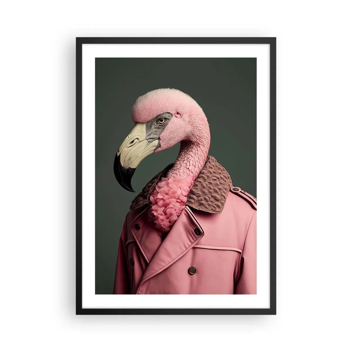 Plakat w czarnej ramie - Stylowy flaming w eleganckim płaszczu - 50x70cm - Prawdziwy elegant - Nowoczesna dekoracja ścienna do salonu i sypialni ARTTOR