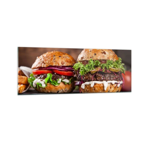 Obraz na szkle - Apetyczne burgery z warzywami i sosem - 140x50cm - American dream - Nowoczesna dekoracja ścienna do salonu i sypialni ARTTOR