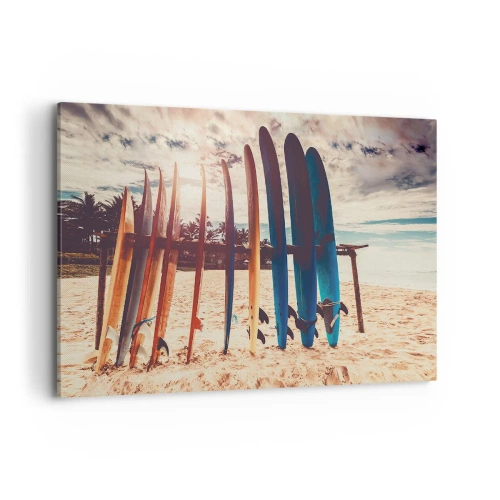 Obraz na płótnie - Deski surfingowe na plaży o zachodzie słońca - 120x80cm - Dobranoc, do jutra - Nowoczesna dekoracja ścienna do salonu, kuchni i sypialni ARTTOR