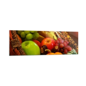 Obraz na szkle - Kosz z owocami, dynią i kukurydzą na tle jesiennych barw - 160x50cm - Koszyk urodzaju - Nowoczesna dekoracja ścienna do salonu i sypialni ARTTOR