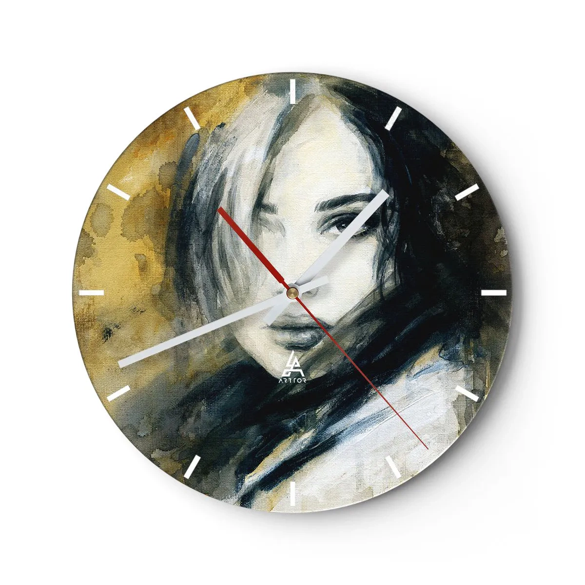 Zegar ścienny - Portret kobiety w artystycznym stylu w odcieniach złota i czerni - 30x30cm - bardziej niewinna czy zmysłowa? - Nowoczesna dekoracja ścienna do salonu, kuchni i sypialni ARTTOR