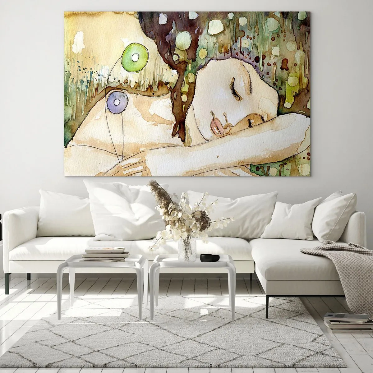 Obraz na szkle - Śpiąca kobieta w artystycznej akwareli w ciepłych barwach - 100x70cm - Szmaragdowo-fiołkowy sen - Nowoczesna dekoracja ścienna do salonu, kuchni i sypialni ARTTOR