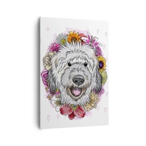 Obraz na płótnie - Pies w otoczeniu kolorowych kwiatów - 70x100cm - Szczenięca radość - Nowoczesna dekoracja ścienna do salonu i sypialni ARTTOR