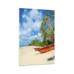 Obraz na szkle - Tropikalna plaża z palmami i kolorowymi łodziami - 70x100cm - Urok tropików - Nowoczesna dekoracja ścienna do salonu i sypialni ARTTOR