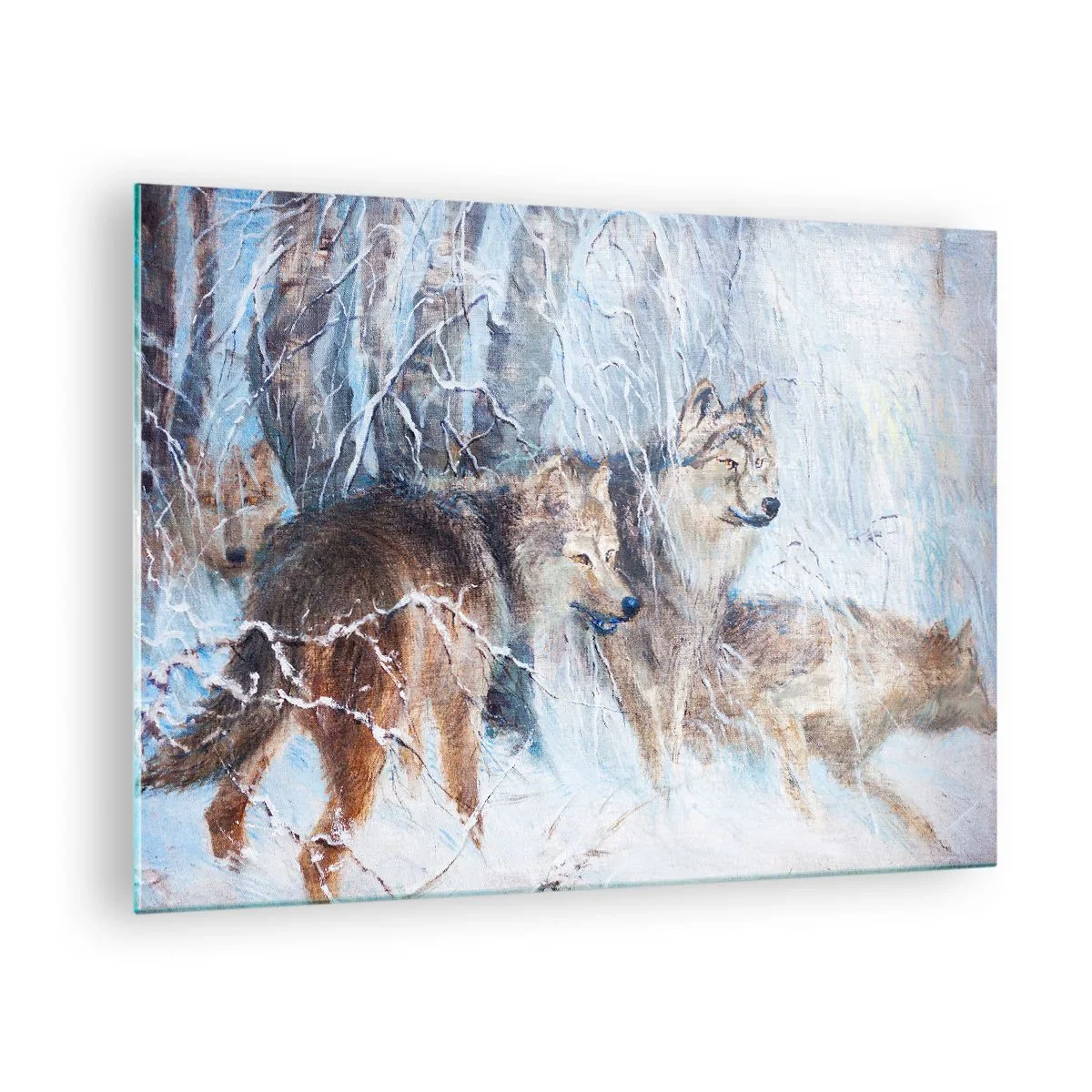 Obraz na szkle - Trzy wilki w zimowym lesie otoczone śniegiem - 70x50cm - Uwaga! Nadchodzi… - Nowoczesna dekoracja ścienna do salonu i sypialni ARTTOR