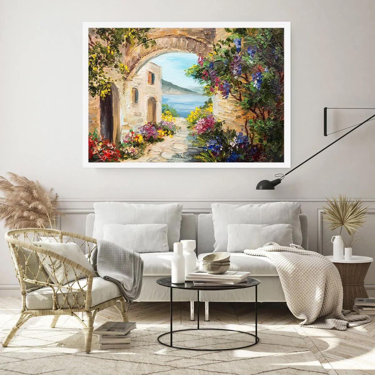Plakat - Nadmorski krajobraz z kamiennymi budynkami i kwiatami - 100x70cm - Urok nadmorskiej prowincji - Nowoczesna dekoracja ścienna do salonu i sypialni ARTTOR