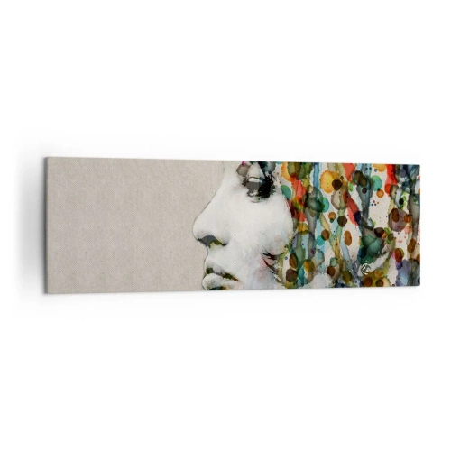 Obraz na płótnie - Profil kobiety w akwarelowych barwach z abstrakcyjnym tłem - 160x50cm - Wyłoniła się z szarości - Nowoczesna dekoracja ścienna do salonu i sypialni ARTTOR