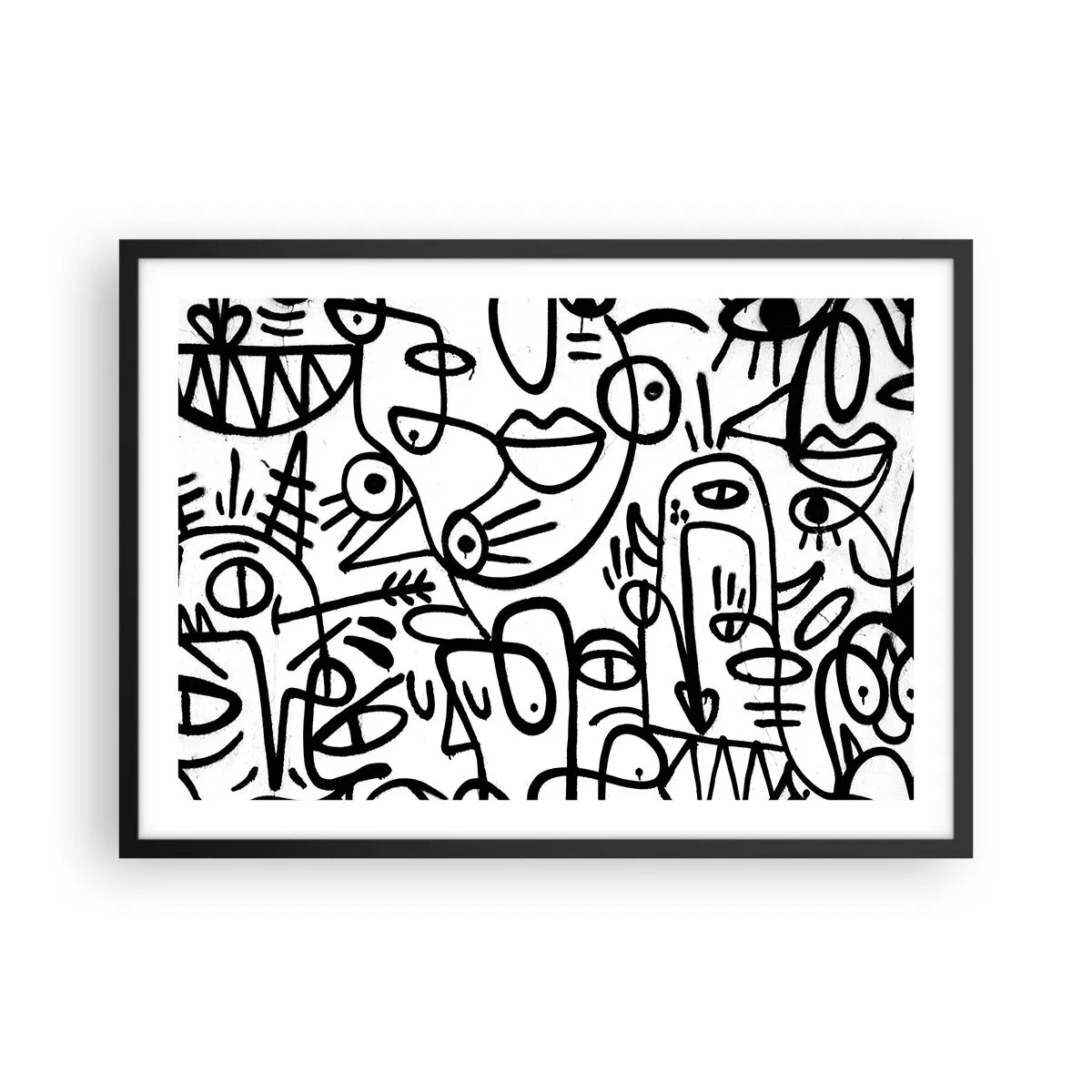 Plakat w czarnej ramie - Czarno-białe abstrakcyjne rysunki z motywami twarzy - 70x50cm - Twarze i miraże - Nowoczesna dekoracja ścienna do salonu i sypialni ARTTOR
