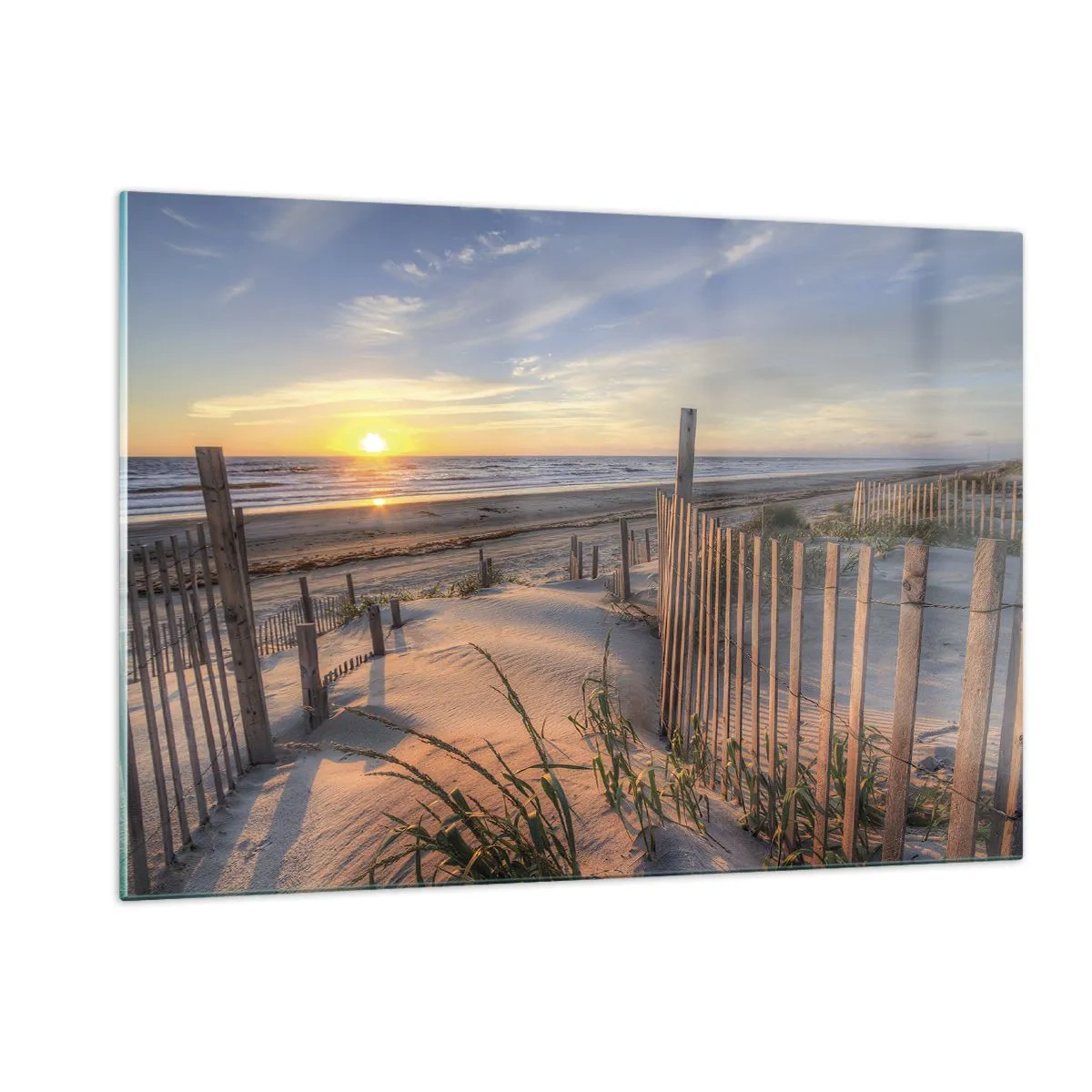 Obraz na szkle - Plaża z wydmami o zachodzie słońca - 120x80cm - Blask i cień wiatru - Nowoczesna dekoracja ścienna do salonu, kuchni i sypialni ARTTOR