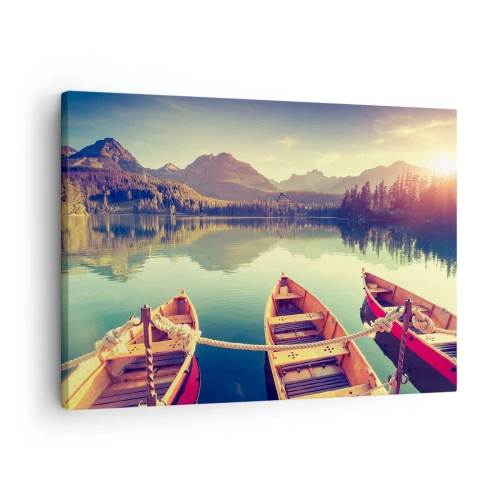 Obraz na płótnie - Łódki na spokojnym jeziorze otoczonym górami o zachodzie słońca - 70x50cm - Żyć według jej praw - Nowoczesna dekoracja ścienna do salonu i sypialni ARTTOR
