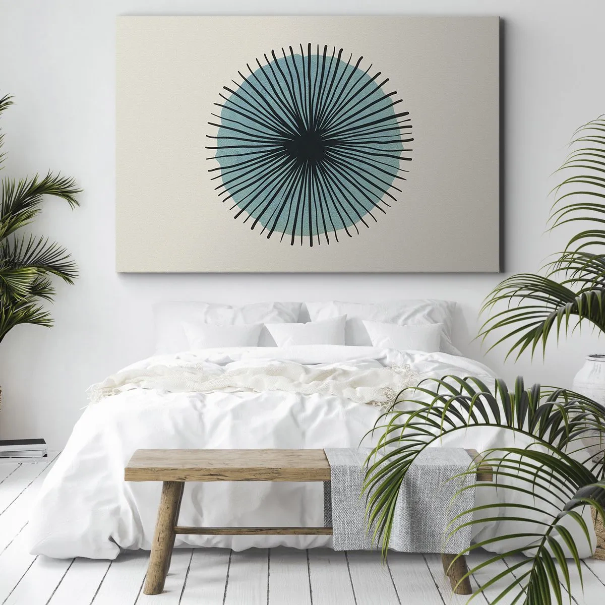 Obraz na płótnie - Abstrakcyjna forma w kształcie koła z promieniami w błękitach - 70x50cm - Promieniście na błękicie - Nowoczesna dekoracja ścienna do salonu i sypialni ARTTOR