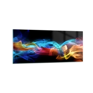 Obraz na szkle - Kolorowy dym na czarnym tle - 120x50cm - Tęczowy taniec mgieł - Nowoczesna dekoracja ścienna do salonu i sypialni ARTTOR