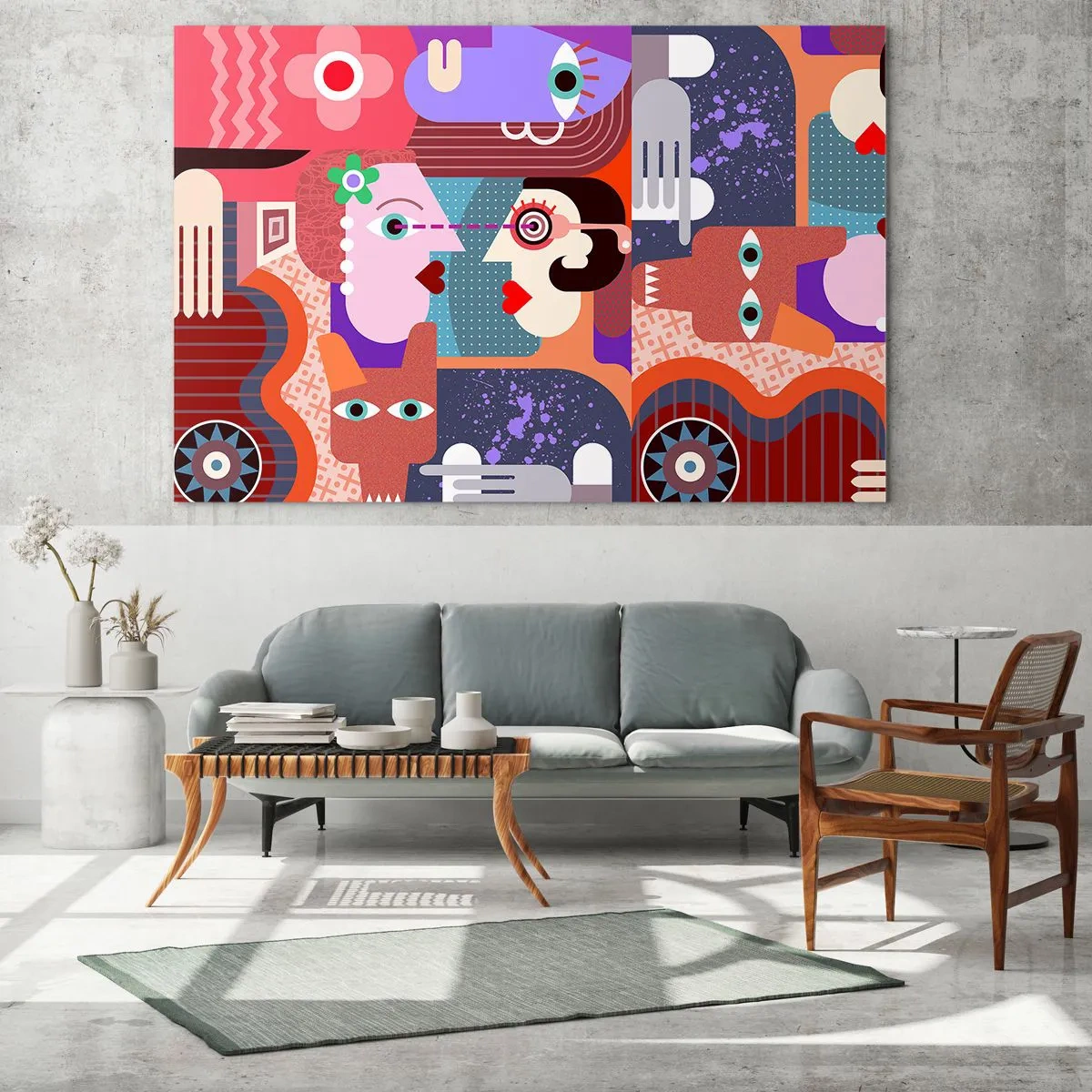 Obraz na szkle - Abstrakcyjna kompozycja twarzy i kształtów w intensywnych barwach - 120x80cm - Oko w oko - Nowoczesna dekoracja ścienna do salonu, kuchni i sypialni ARTTOR