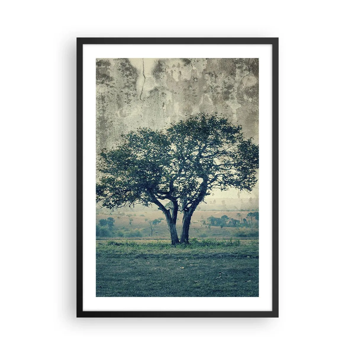 Plakat w czarnej ramie - Samotne drzewo na tle rustykalnego krajobrazu - 50x70cm - Jabłoń na błękitnym błoniu? - Nowoczesna dekoracja ścienna do salonu i sypialni ARTTOR