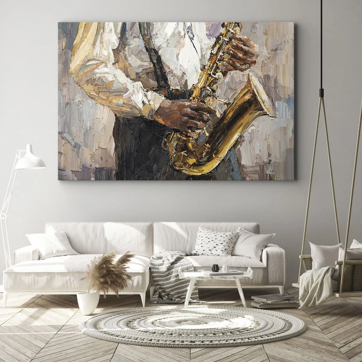 Obraz na płótnie - Muzyk grający na saksofonie w artystycznym stylu - 70x50cm - Czas na solo - Nowoczesna dekoracja ścienna do salonu i sypialni ARTTOR
