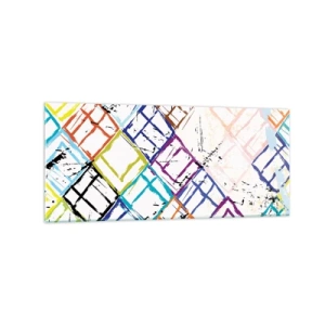 Obraz na szkle - Kolorowa abstrakcja z geometrycznymi kształtami na białym tle - 120x50cm - Komórki do wynajęcia - Nowoczesna dekoracja ścienna do salonu i sypialni ARTTOR
