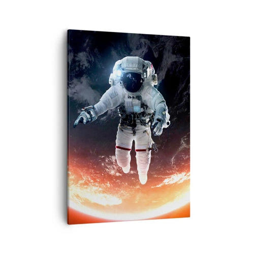 Obraz na płótnie - Astronauta w przestrzeni kosmicznej z widokiem na Ziemię - 50x70cm - Mogę zostać jeszcze chwilę? - Nowoczesna dekoracja ścienna do salonu, kuchni i sypialni ARTTOR