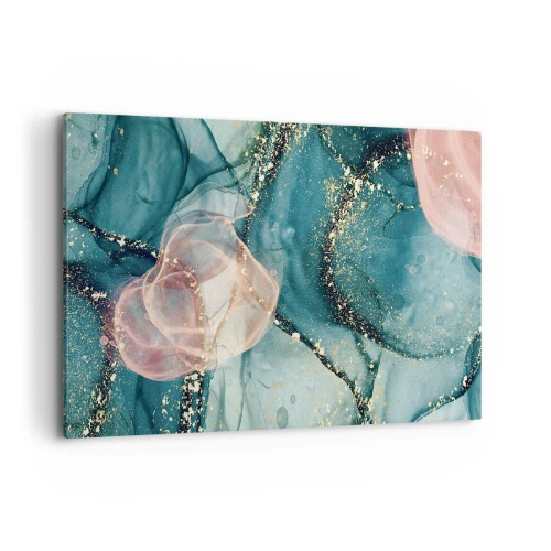 Obraz na płótnie - Abstrakcyjna kompozycja w odcieniach turkusu i złota - 100x70cm - Jedwabny błękit, tiulowy róż - Nowoczesna dekoracja ścienna do salonu, kuchni i sypialni ARTTOR