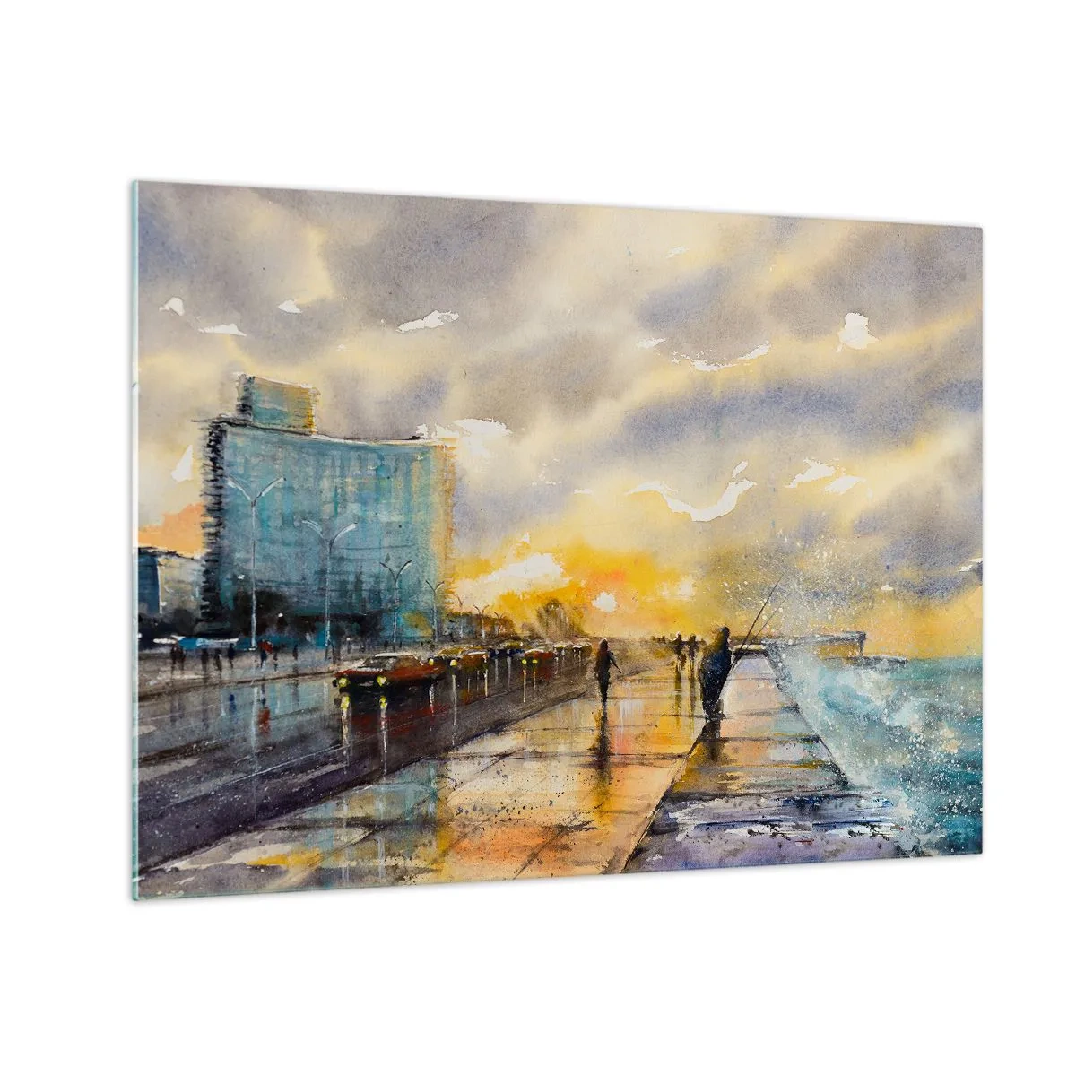 Obraz na szkle - Miasto nadmorskie w akwareli z zachodem słońca - 70x50cm - Życie na brzegu - Nowoczesna dekoracja ścienna do salonu i sypialni ARTTOR