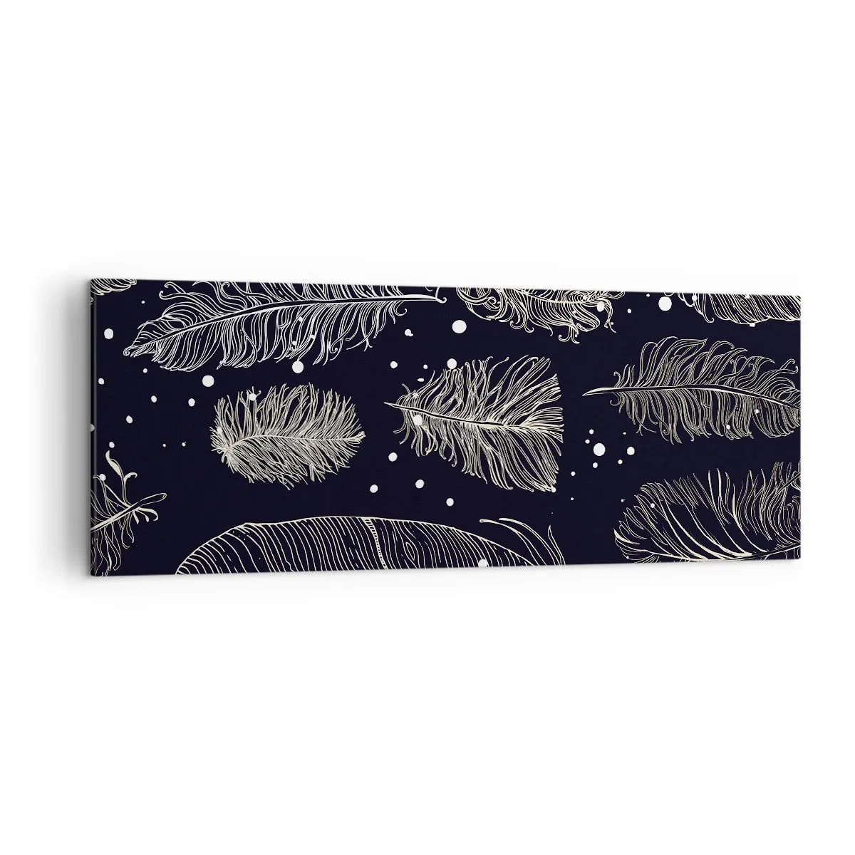 Obraz na płótnie - Delikatne białe pióra na granatowym tle - 140x50cm - Pierzasta koronka - Nowoczesna dekoracja ścienna do salonu i sypialni ARTTOR