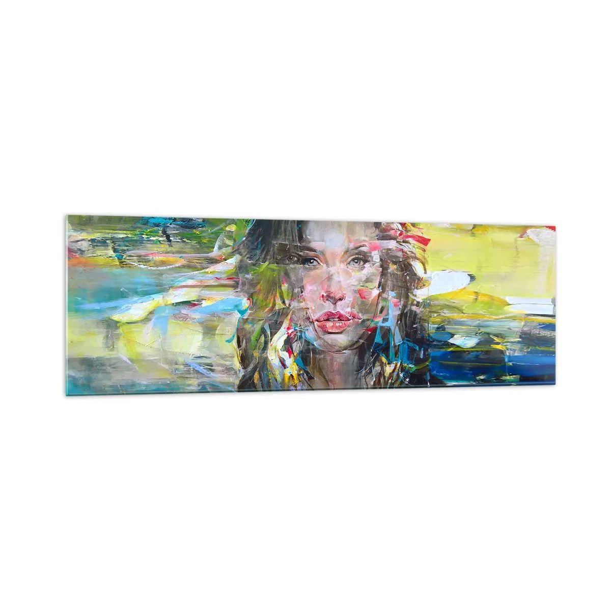 Obraz na szkle - Abstrakcyjny portret kobiety w intensywnych kolorach - 160x50cm - Za powietrza zasłoną - Nowoczesna dekoracja ścienna do salonu i sypialni ARTTOR
