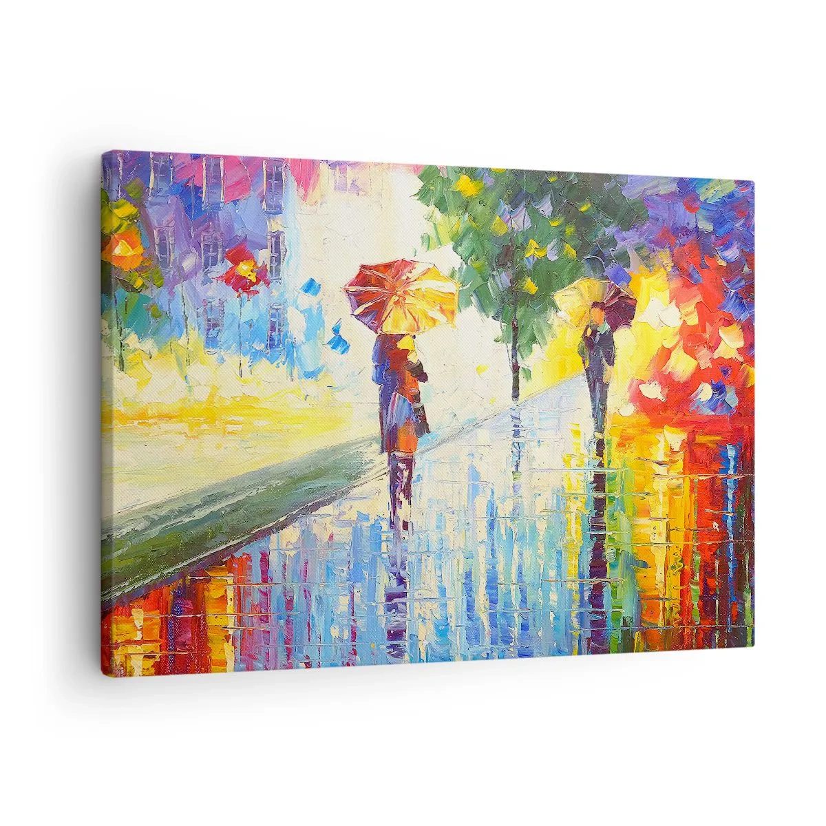 Obraz na płótnie - Spacer z parasolką w kolorowym deszczowym pejzażu - 70x50cm - I wszystko jasne - Nowoczesna dekoracja ścienna do salonu i sypialni ARTTOR