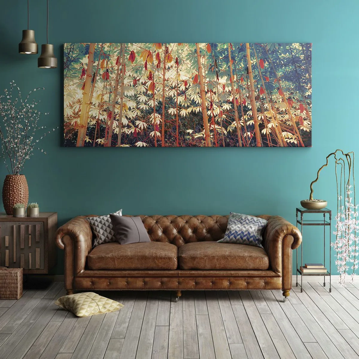 Obraz na płótnie - Kolorowy las bambusowy z intensywnymi barwami - 160x50cm - Tajemne życie liści - Nowoczesna dekoracja ścienna do salonu i sypialni ARTTOR