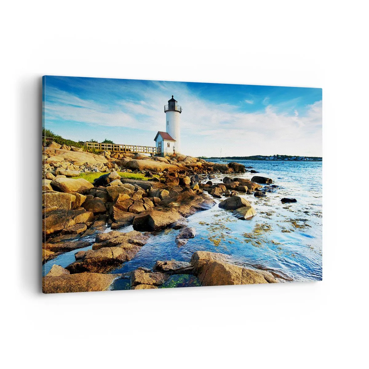 Obraz na płótnie - Latarnia morska na skalistym wybrzeżu w słoneczny dzień - 120x80cm - Wracajcie szczęśliwie, czekam - Nowoczesna dekoracja ścienna do salonu, kuchni i sypialni ARTTOR
