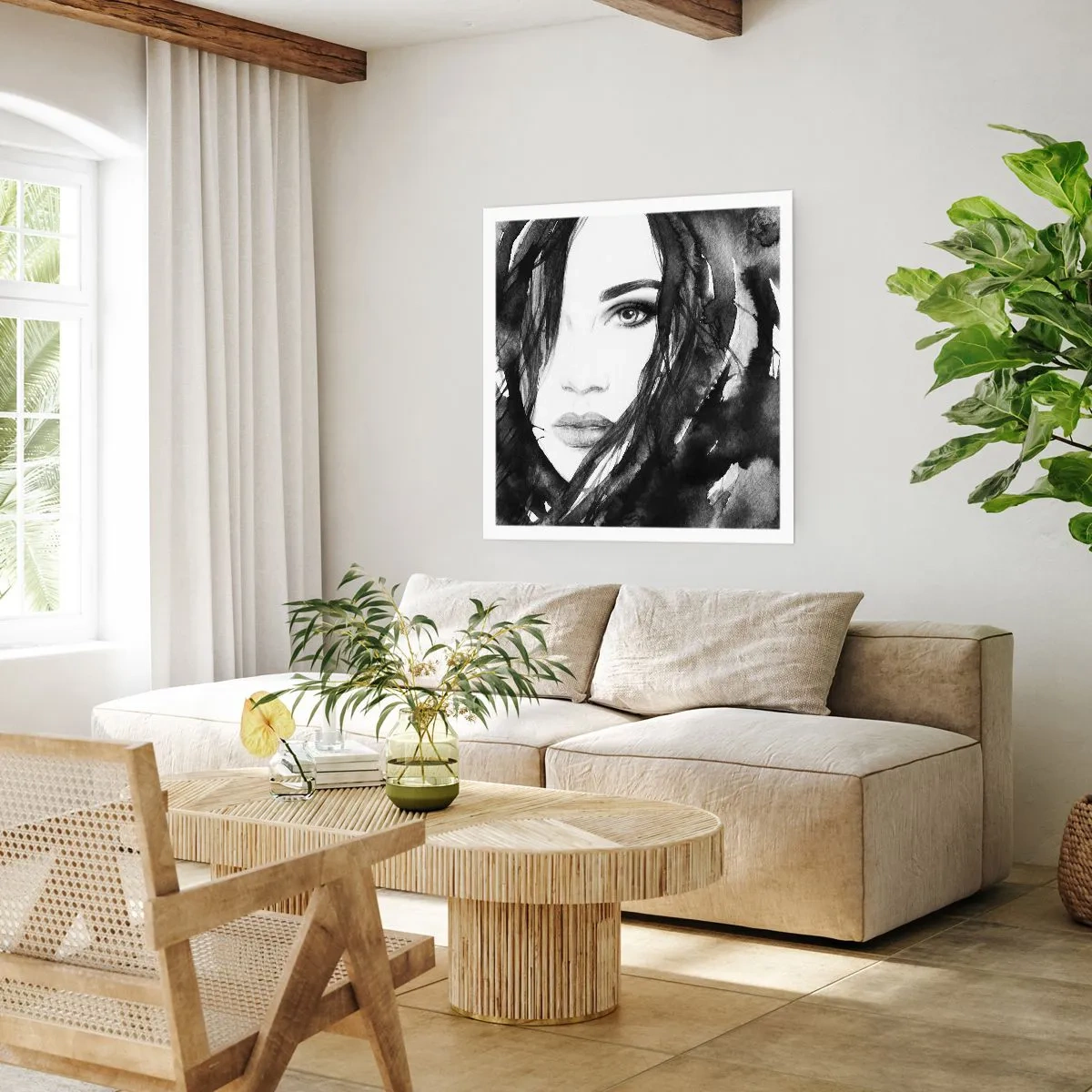 Plakat - Portret damy w czerni i bieli - 50x50 cm