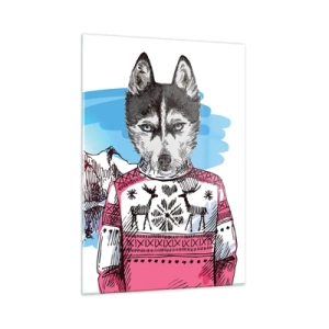 Obraz na szkle - Husky w swetrze na tle gór - 50x70cm - Wilk w owczej wełnie - Nowoczesna dekoracja ścienna do salonu, kuchni i sypialni ARTTOR
