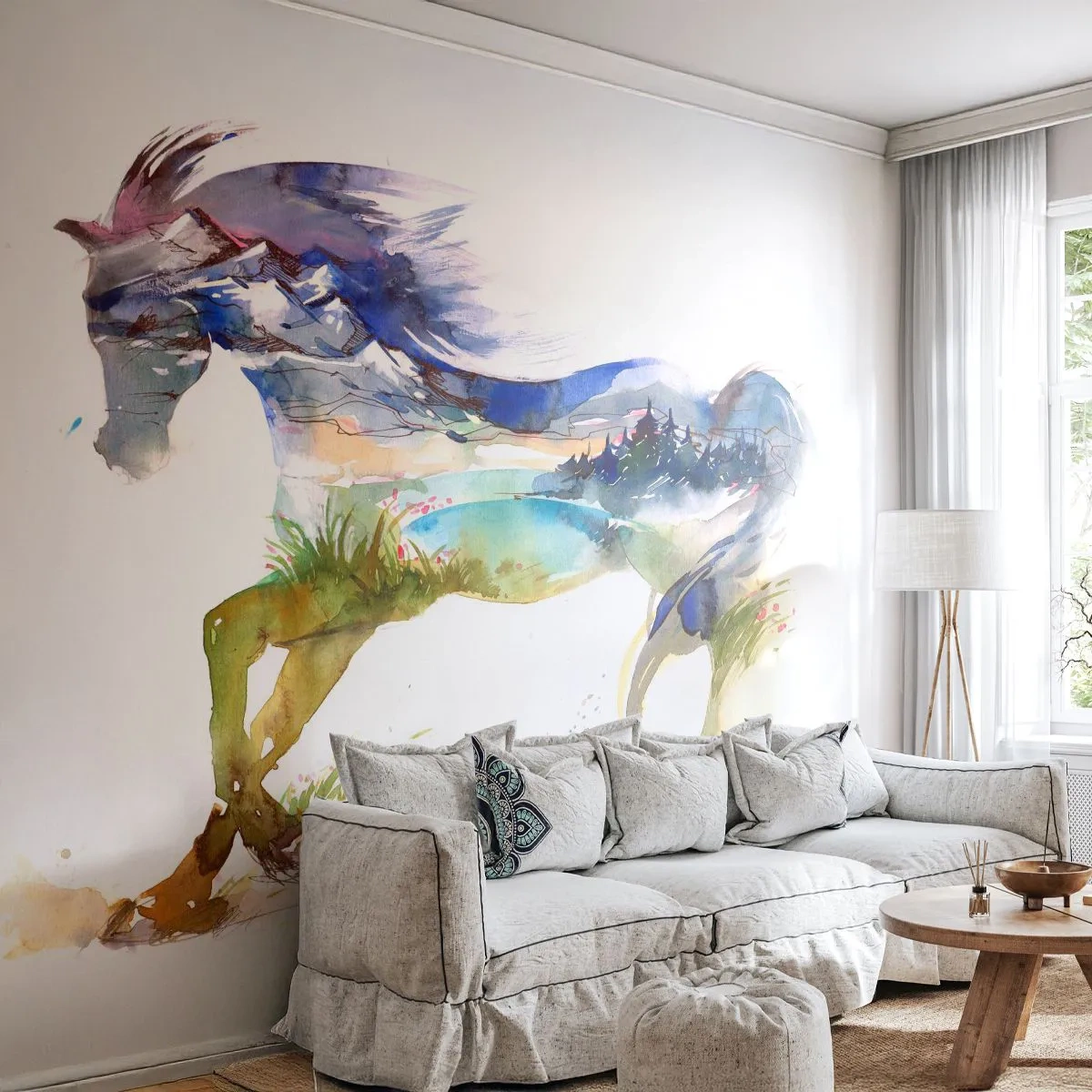 Fototapeta Samoprzylepna Deluxe Sticker - Z łąki wprost do nieba - Koń, Abstrakcja, Krajobraz - 250x175 cm