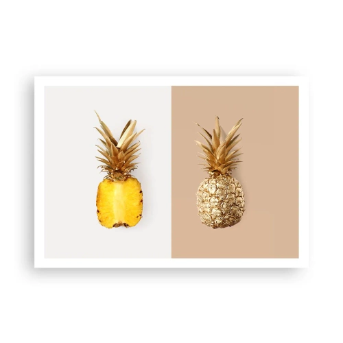 Plakat - Połówka świeżego i złotego ananasa na kontrastowym tle - 100x70cm - Ananas dla nas - Nowoczesna dekoracja ścienna do salonu i sypialni ARTTOR