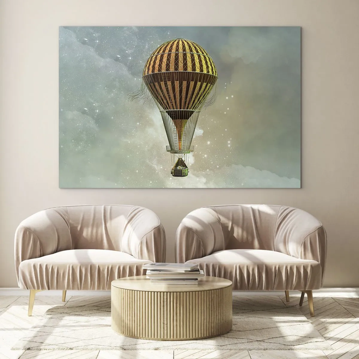 Obraz na szkle - Stylizowany balon na tle gwiaździstego nieba i chmur - 70x50cm - Pionierskie loty - Nowoczesna dekoracja ścienna do salonu i sypialni ARTTOR