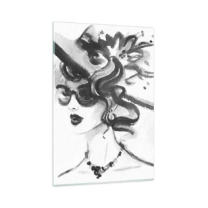 Obraz na szkle - Elegancka kobieta w kapeluszu w czarno-białym stylu - 80x120cm - Dama z charakterem - Nowoczesna dekoracja ścienna do salonu i sypialni ARTTOR