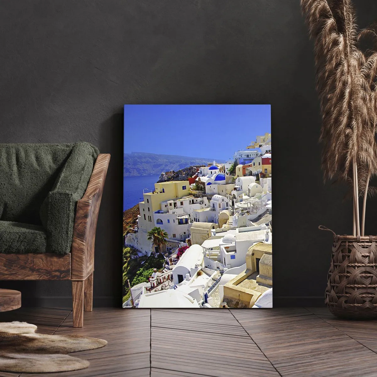 Obraz na płótnie - Panorama Santorini z białymi domami i błękitnym niebem - 80x120cm - Marzenie o greckim lecie - Nowoczesna dekoracja ścienna do salonu i sypialni ARTTOR